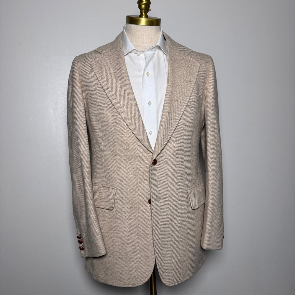 1970s Cricketeer Blazer Mens 38R Beige Herringbone‎ Wool Vintage 2-Button